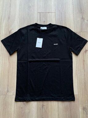 Small Celine Men's Logo Basic Cotton Black T-Shirt Relaxed Fit Short Sleeve